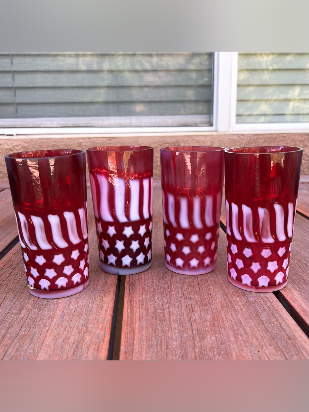 Vintage MMA Fenton Cranberry Opalescent Stars & Stripes Glass Tumblers Set of 4